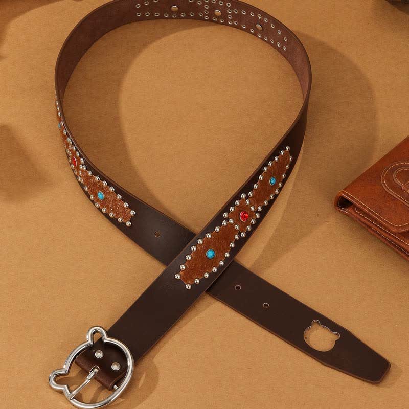 Women's Cute Bear Buckle Patchwork Bohemia Rivets Leather Belt - image 4