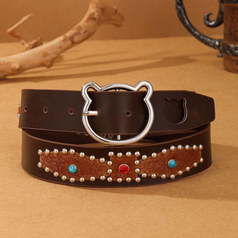 Women's Cute Bear Buckle Patchwork Bohemia Rivets Leather Belt - Brown - 32 - image 0