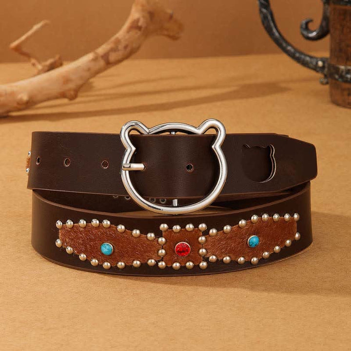 Women's Cute Bear Buckle Patchwork Bohemia Rivets Leather Belt - Brown - 32 - image 0