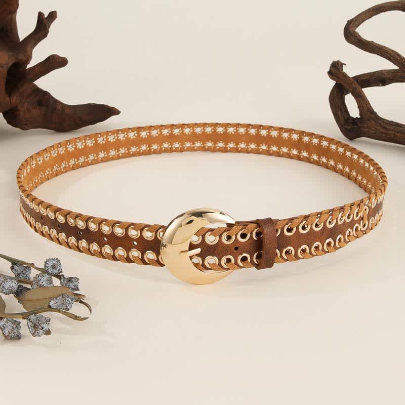 Women's Gold Round Buckle Retro Rope Threading Leather Belt