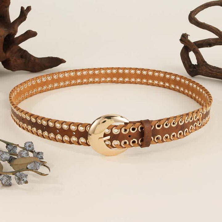 Women's Gold Round Buckle Retro Rope Threading Leather Belt