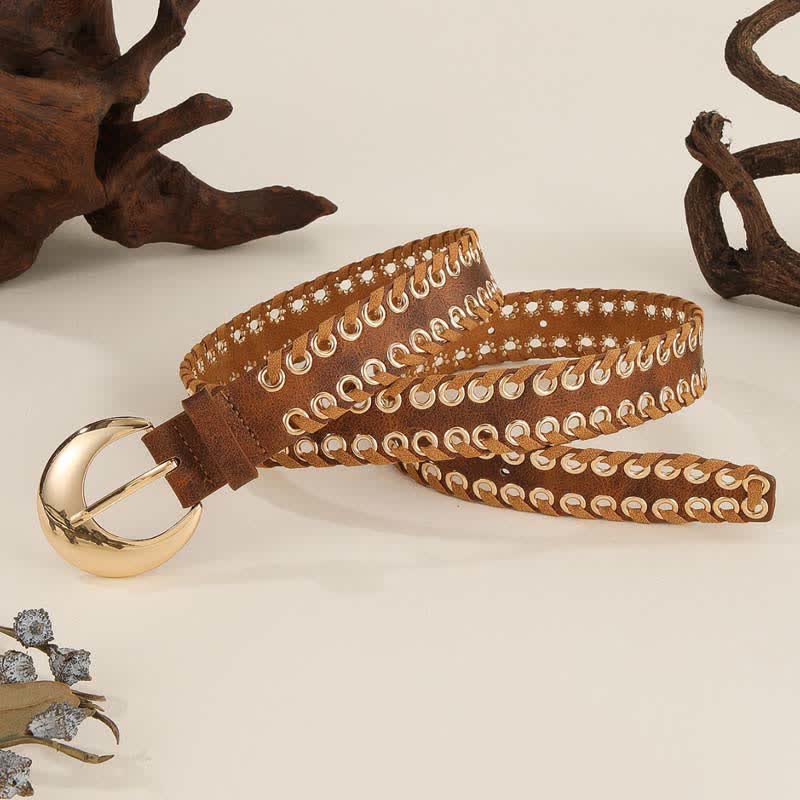 Women's Gold Round Buckle Retro Rope Threading Leather Belt