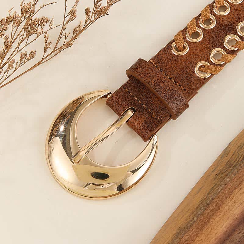 Women's Gold Round Buckle Retro Rope Threading Leather Belt