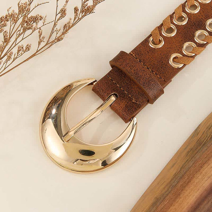 Women's Gold Round Buckle Retro Rope Threading Leather Belt