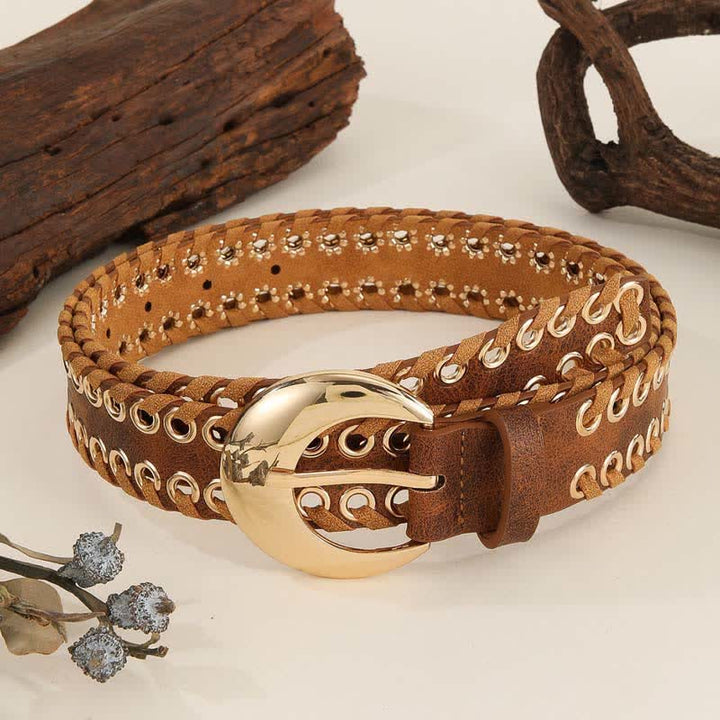 Women's Gold Round Buckle Retro Rope Threading Leather Belt