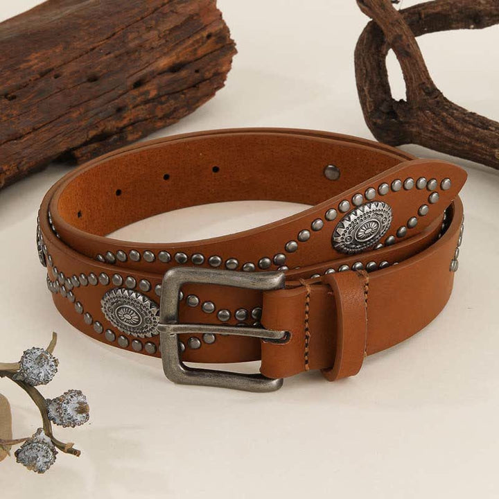 Women's Western Style Antique Silver Rivet Accents Leather Belt
