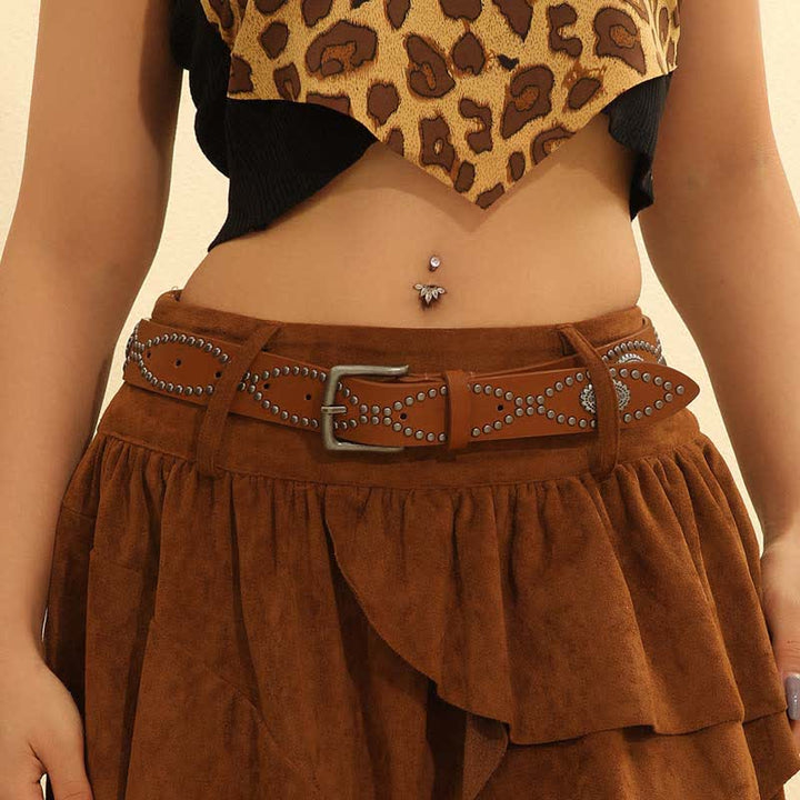 Women's Western Style Antique Silver Rivet Accents Leather Belt - image 1