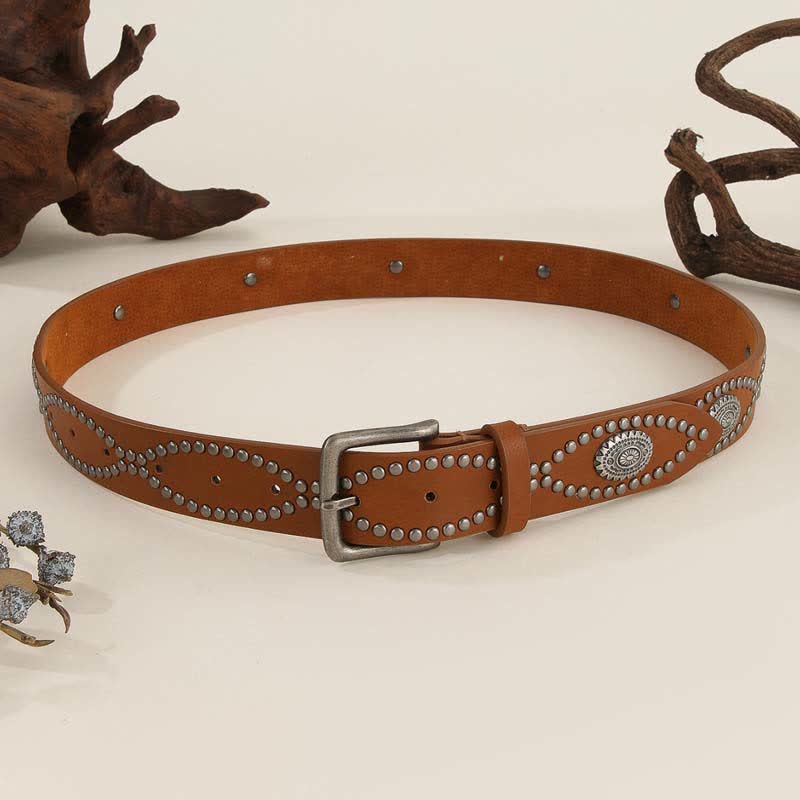 Women's Western Style Antique Silver Rivet Accents Leather Belt