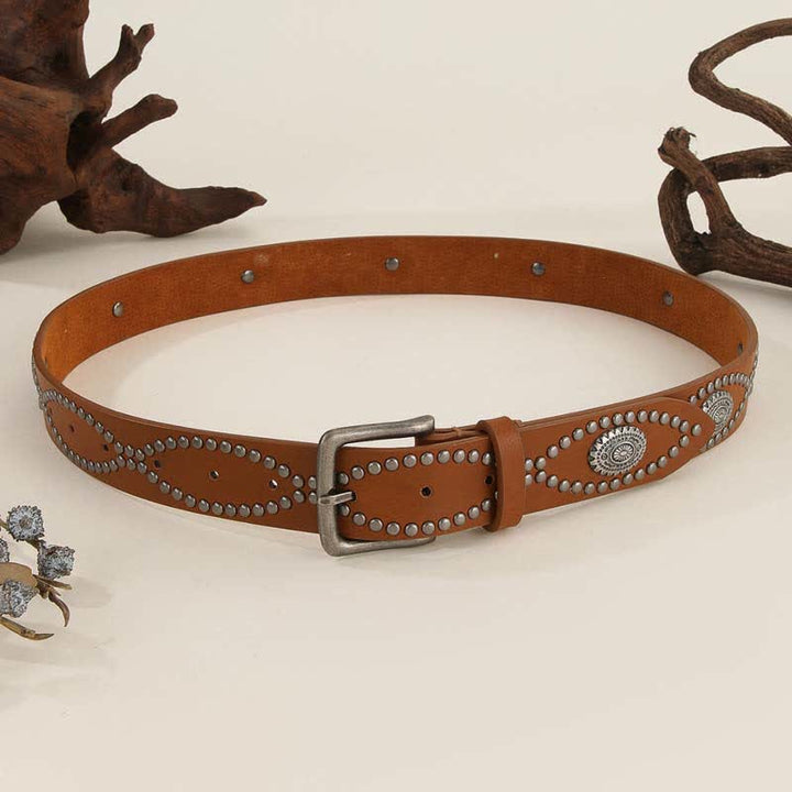 Women's Western Style Antique Silver Rivet Accents Leather Belt