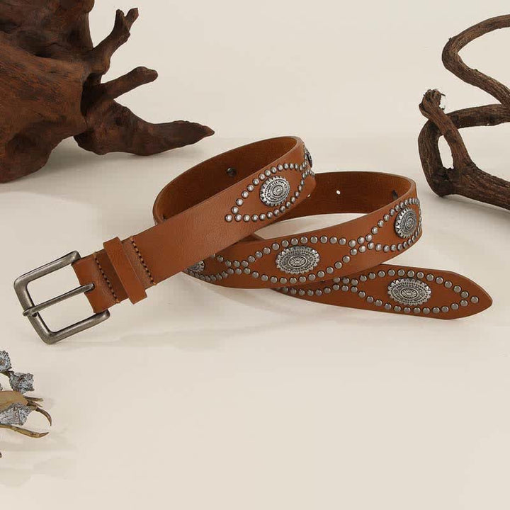 Women's Western Style Antique Silver Rivet Accents Leather Belt