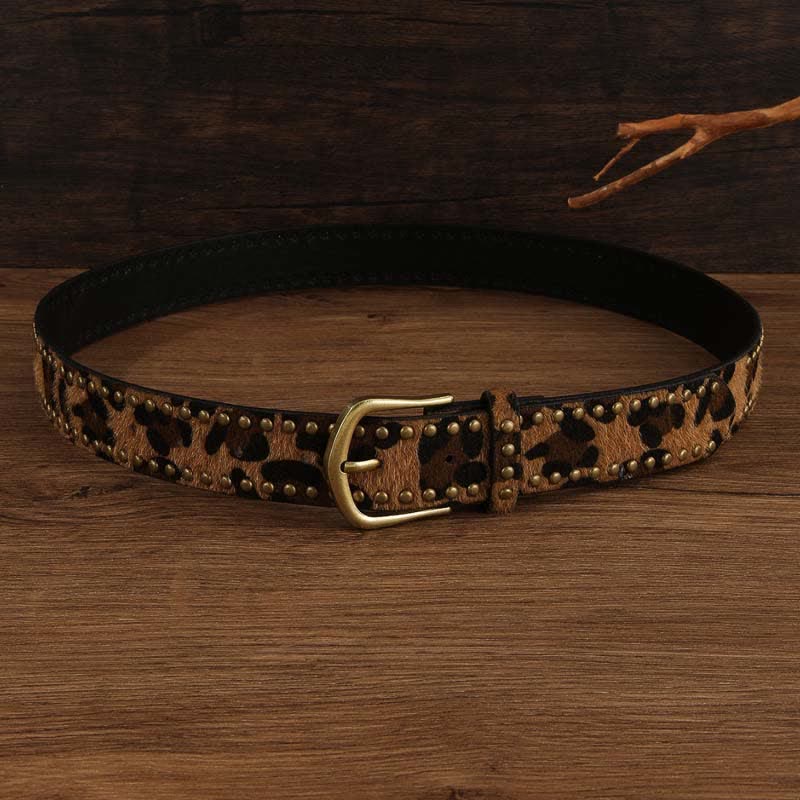 Women's Leopard Printed Vintage Rivets Leather Belt