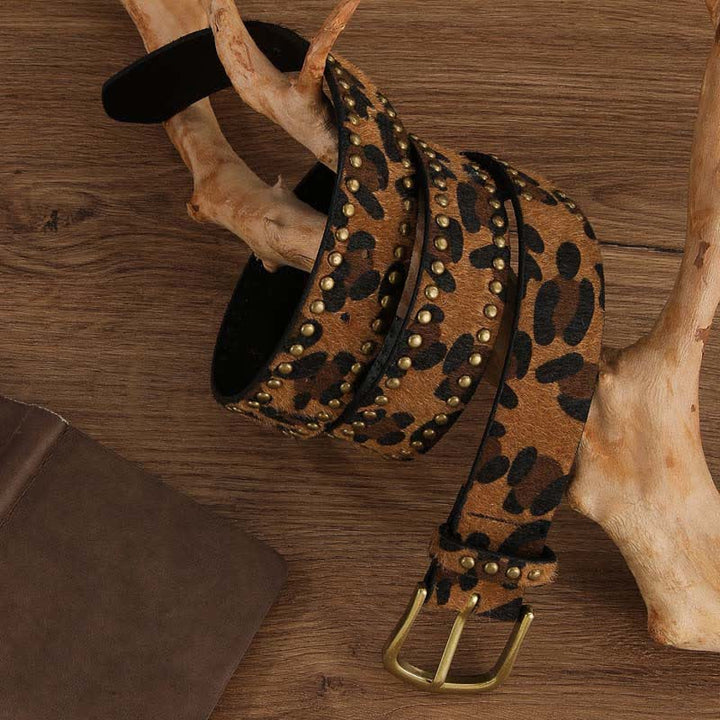 Women's Leopard Printed Vintage Rivets Leather Belt