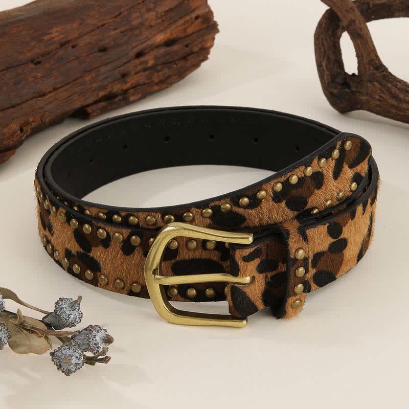 Women's Leopard Printed Vintage Rivets Leather Belt - Brown & Black - 40 - image 0