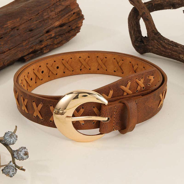 Women's Boho Handmade Rope Threading Leather Belt - Brown - 40 - image 0