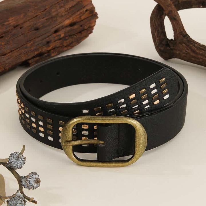 Women's Black Heavy Metal Rivet Leather Belt - Black - 40 - image 0