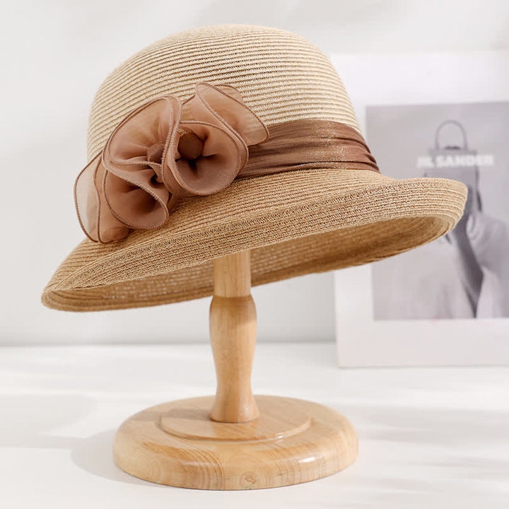 Women's Gorgeous Wrinkled Flower Ribbon Straw Hat - Khaki - Adjustable (20 7/8"-22 1/2") - image 0