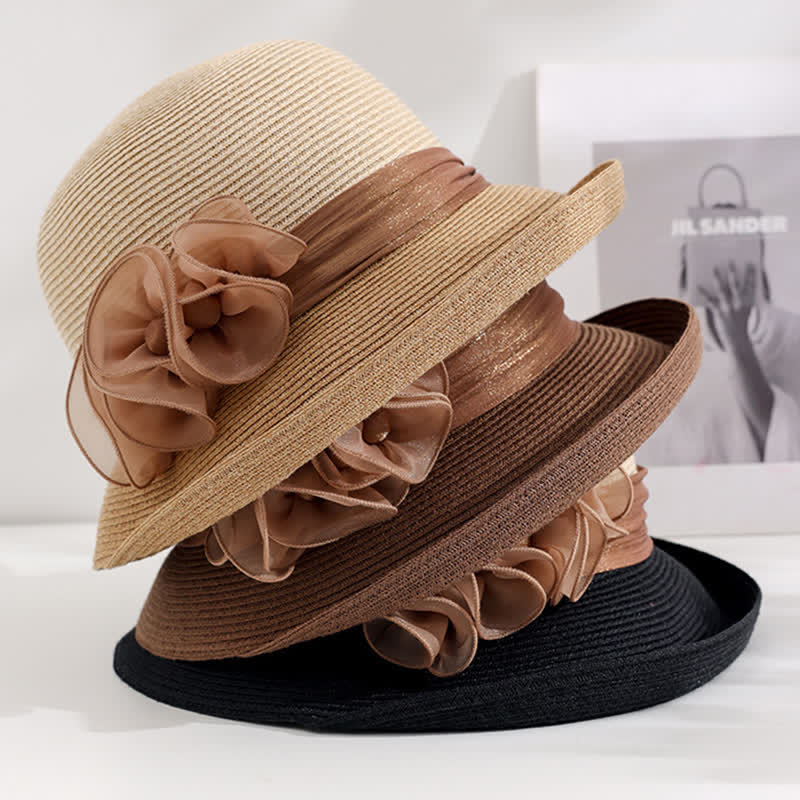 Women's Gorgeous Wrinkled Flower Ribbon Straw Hat