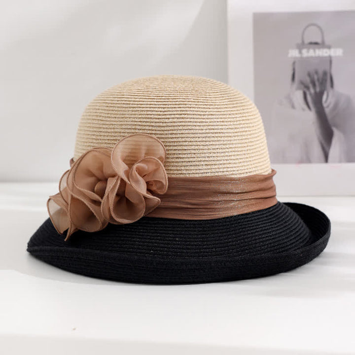 Women's Gorgeous Wrinkled Flower Ribbon Straw Hat - Black - Adjustable (20 7/8"-22 1/2") - image 7