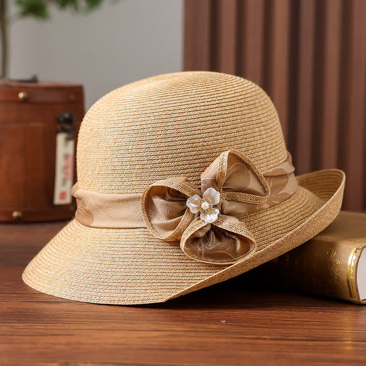 Women's Daisy Decor Flower Ribbon Sunshade Straw Hat - Beige - Adjustable (20 7/8"-22 1/2") - image 2