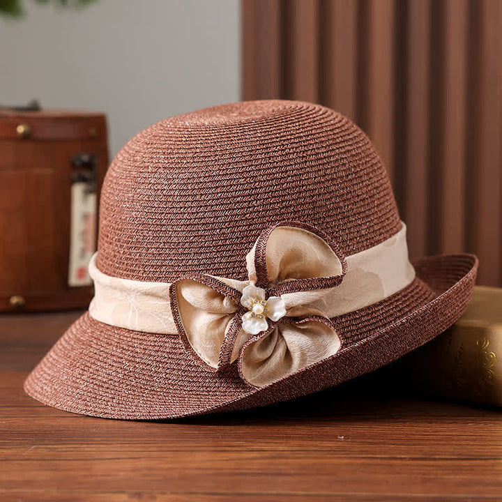 Women's Daisy Decor Flower Ribbon Sunshade Straw Hat - Rose Brown - Adjustable (20 7/8"-22 1/2") - image 5