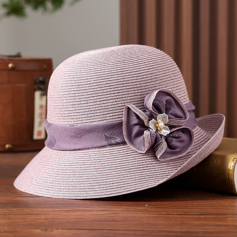 Women's Daisy Decor Flower Ribbon Sunshade Straw Hat - Purple - Adjustable (20 7/8"-22 1/2") - image 0