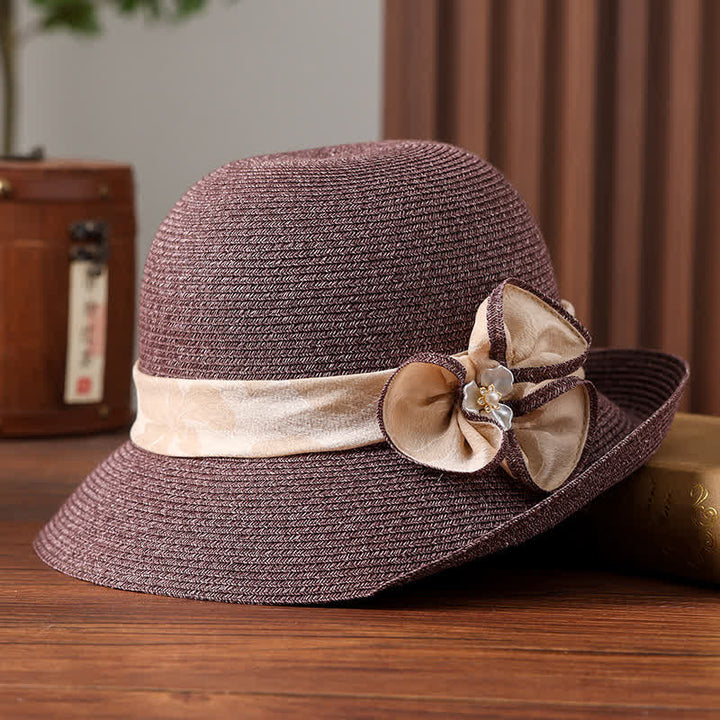 Women's Daisy Decor Flower Ribbon Sunshade Straw Hat - Dark Purple - Adjustable (20 7/8"-22 1/2") - image 6