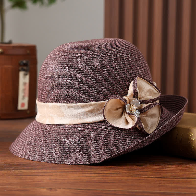 Women's Daisy Decor Flower Ribbon Sunshade Straw Hat - Dark Purple - Adjustable (20 7/8"-22 1/2") - image 6