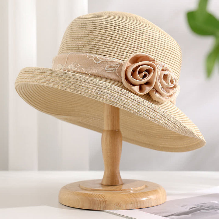 Women's Double Flowers Net Gauze Roll Brim Summer Straw Hat