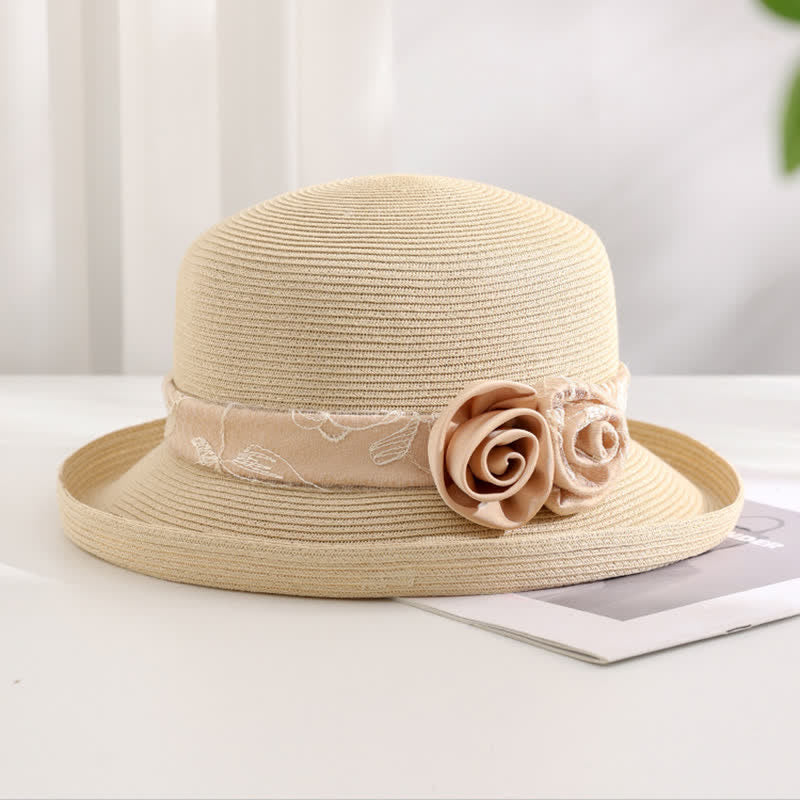 Women's Double Flowers Net Gauze Roll Brim Summer Straw Hat