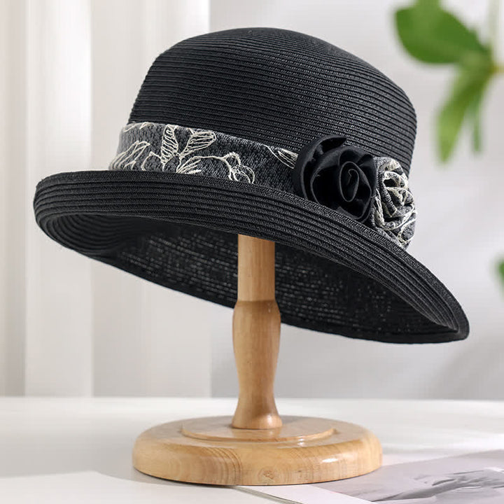 Women's Double Flowers Net Gauze Roll Brim Summer Straw Hat - Black - Adjustable (20 7/8"-22 1/2") - image 8