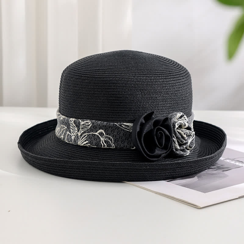 Women's Double Flowers Net Gauze Roll Brim Summer Straw Hat