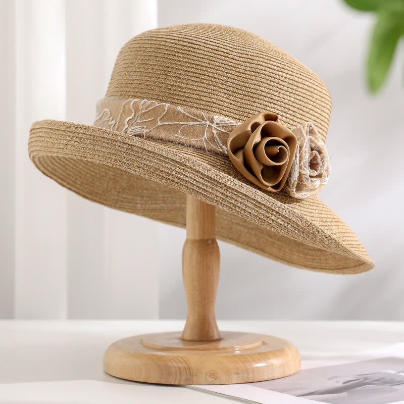Women's Double Flowers Net Gauze Roll Brim Summer Straw Hat - Khaki - Adjustable (20 7/8"-22 1/2") - image 6