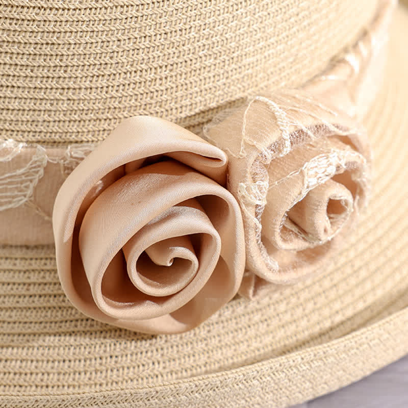 Women's Double Flowers Net Gauze Roll Brim Summer Straw Hat
