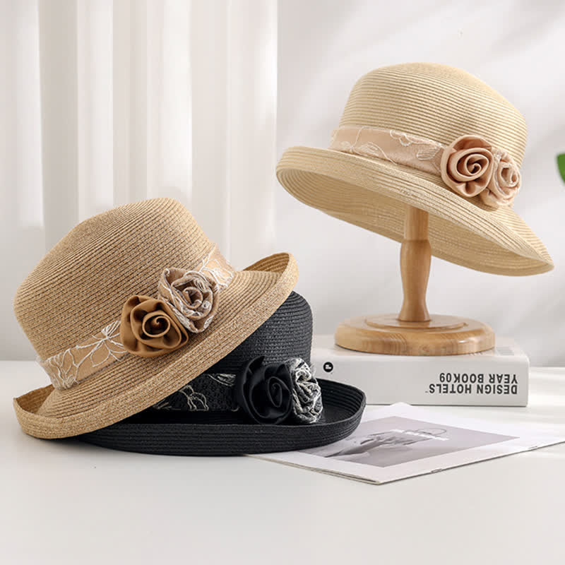 Women's Double Flowers Net Gauze Roll Brim Summer Straw Hat