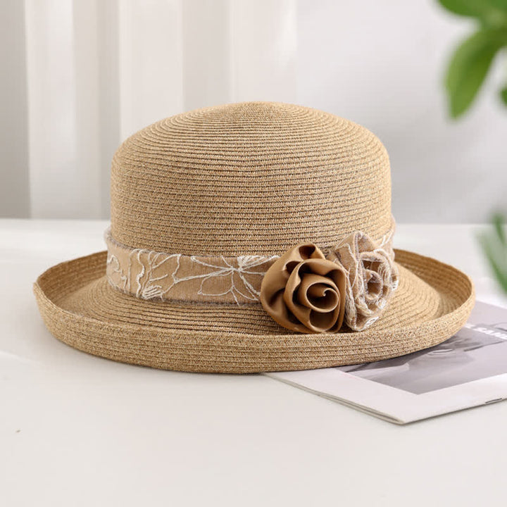 Women's Double Flowers Net Gauze Roll Brim Summer Straw Hat