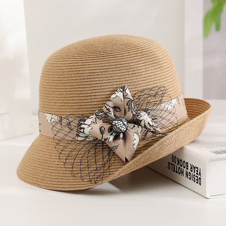 Women's Elegant Roman Style Floral Decor Summer Straw Hat - Khaki - Adjustable (20 7/8"-22 1/2") - image 0