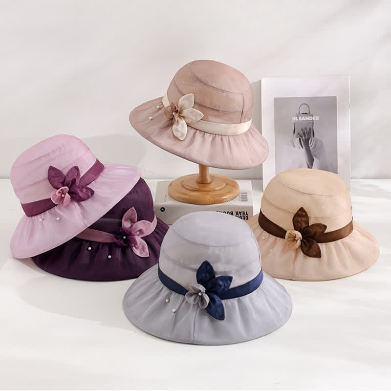 Women's Pearls Embellished Floral Wide Brim Silk Sun Hat