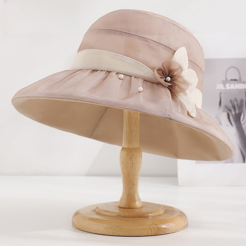 Women's Pearls Embellished Floral Wide Brim Silk Sun Hat - Rose Brown - Adjustable (20 7/8"-22 1/2") - image 0