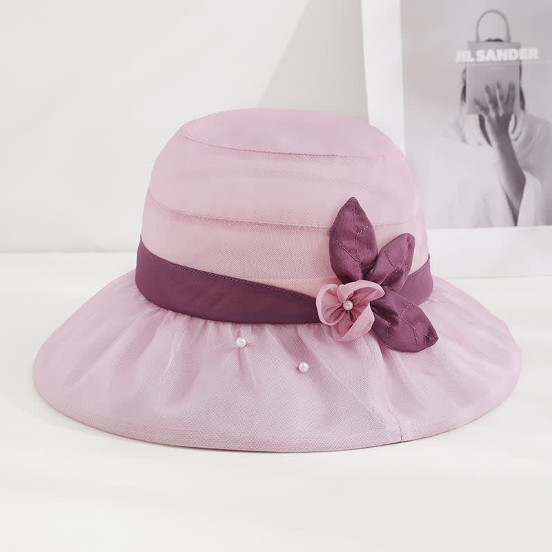 Women's Pearls Embellished Floral Wide Brim Silk Sun Hat