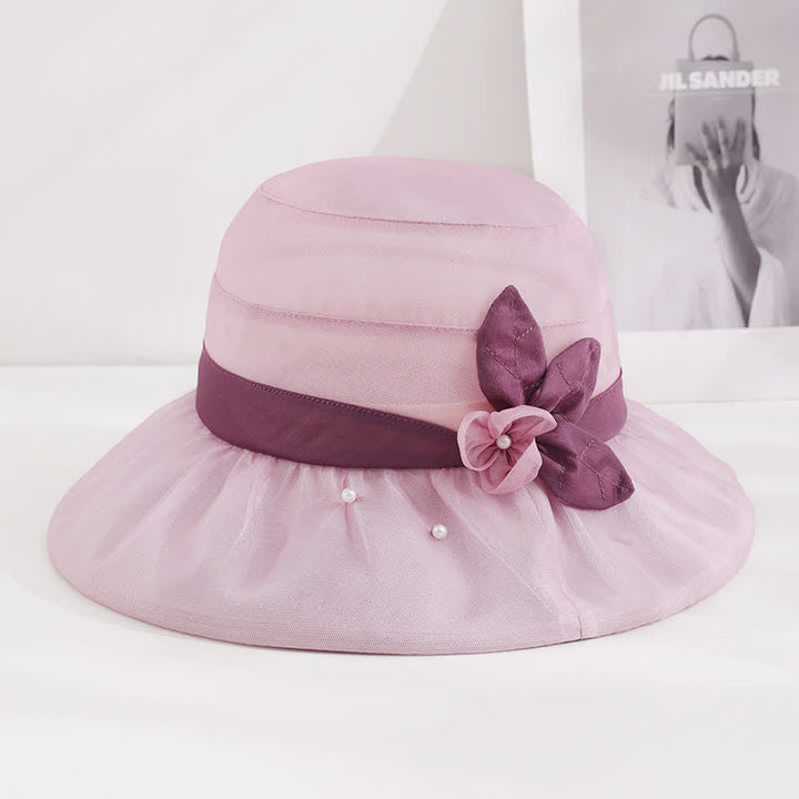 Women's Pearls Embellished Floral Wide Brim Silk Sun Hat