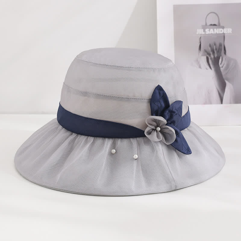 Women's Pearls Embellished Floral Wide Brim Silk Sun Hat - Gray - Adjustable (20 7/8"-22 1/2") - image 13
