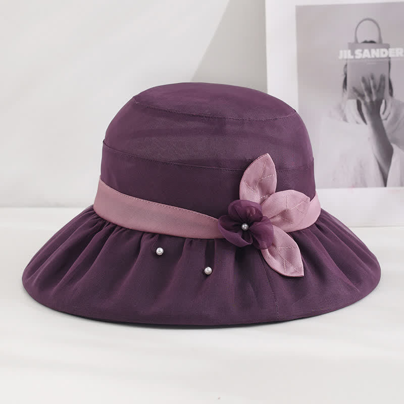 Women's Pearls Embellished Floral Wide Brim Silk Sun Hat - Dark Purple - Adjustable (20 7/8"-22 1/2") - image 10