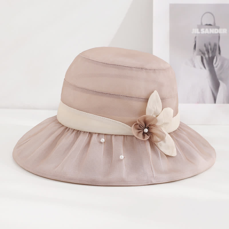 Women's Pearls Embellished Floral Wide Brim Silk Sun Hat