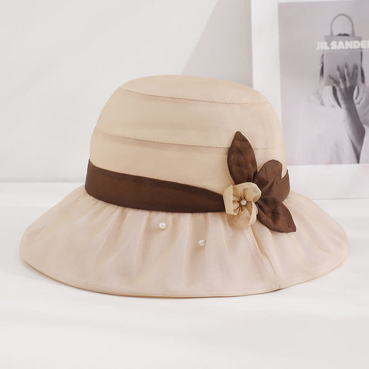 Women's Pearls Embellished Floral Wide Brim Silk Sun Hat