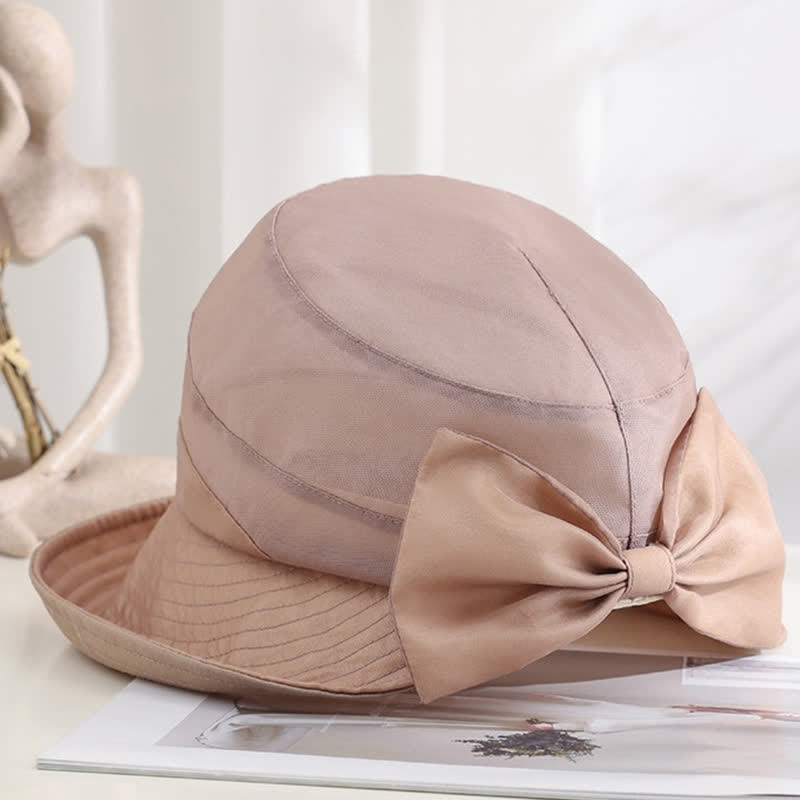 Women's Large Bow Knot Wide Brim Foldable Silk Sun Hat - Rose Brown - Adjustable (20 7/8"-22 1/2") - image 0
