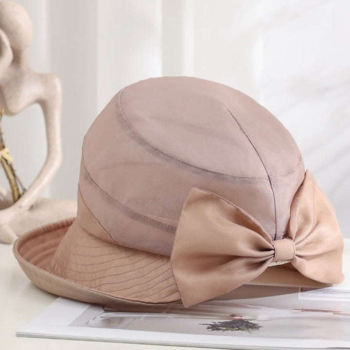 Women's Large Bow Knot Wide Brim Foldable Silk Sun Hat - Rose Brown - Adjustable (20 7/8"-22 1/2") - image 0