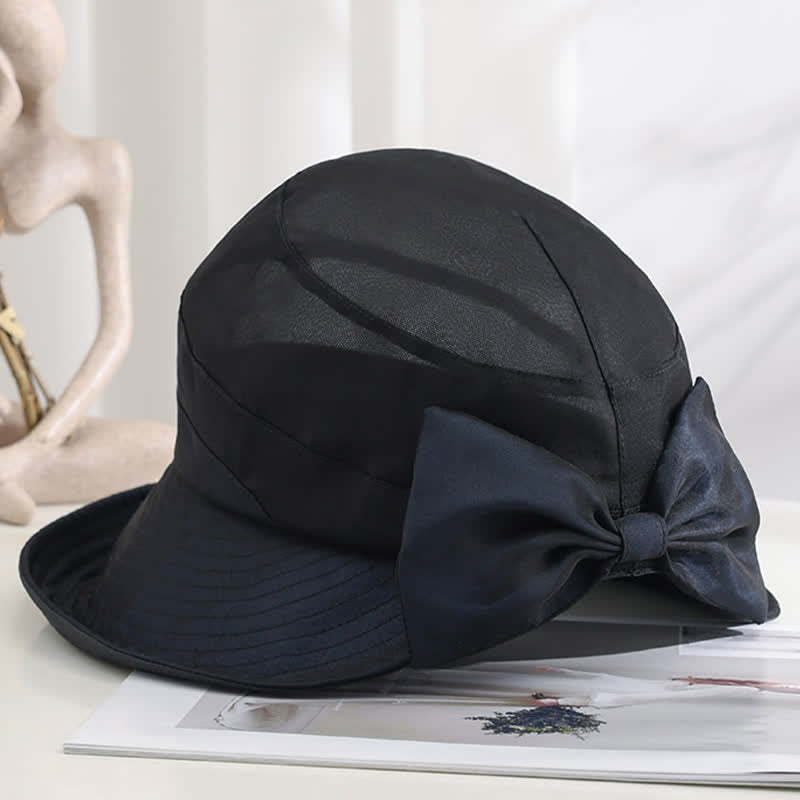 Women's Large Bow Knot Wide Brim Foldable Silk Sun Hat - Black - Adjustable (20 7/8"-22 1/2") - image 9