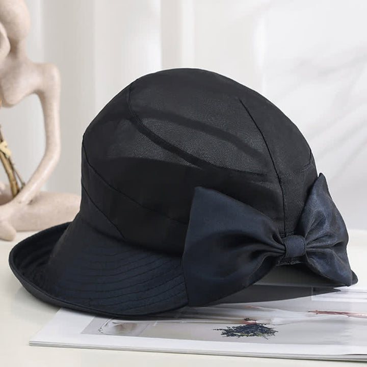 Women's Large Bow Knot Wide Brim Foldable Silk Sun Hat - Black - Adjustable (20 7/8"-22 1/2") - image 9