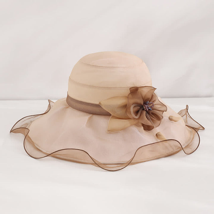 Women's Floral Wide Wave Brim Holiday Beach Foldable Silk Sun Hat - Beige - Adjustable (20 7/8"-22 1/2") - image 3