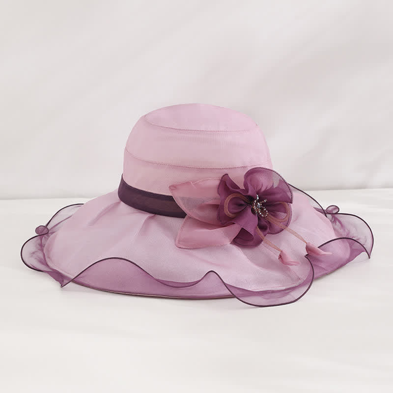 Women's Floral Wide Wave Brim Holiday Beach Foldable Silk Sun Hat - Violet - Adjustable (20 7/8"-22 1/2") - image 0